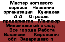 Мастер ногтевого сервиса › Название организации ­ Куницкая А.А. › Отрасль предприятия ­ Маникюр › Минимальный оклад ­ 1 - Все города Работа » Вакансии   . Кировская обл.,Захарищево п.